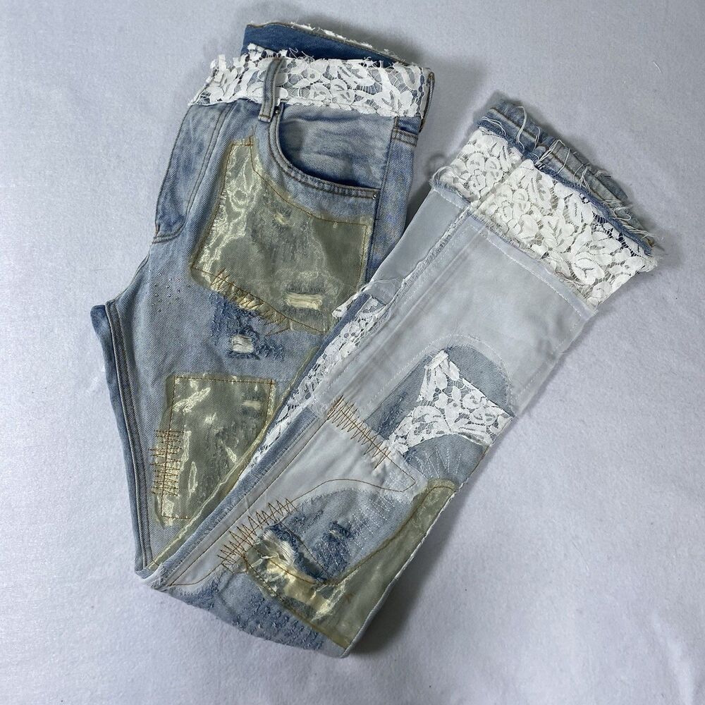 MNML D101 Straight Denim  Men’s 31 Light Blue White Lace Patchwork Slit Hem